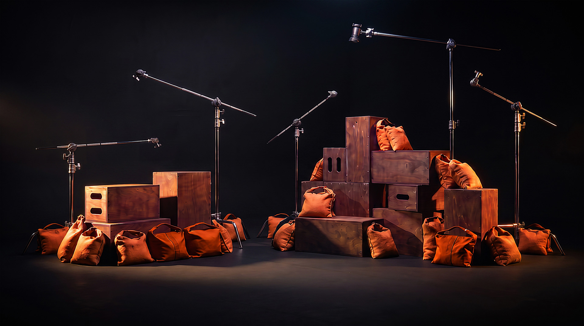 Apple boxes, caisses de tournage et sacs de sable disponibles au Studio du Château pour les productions vidéo, publicitaires, corporatives et numériques.